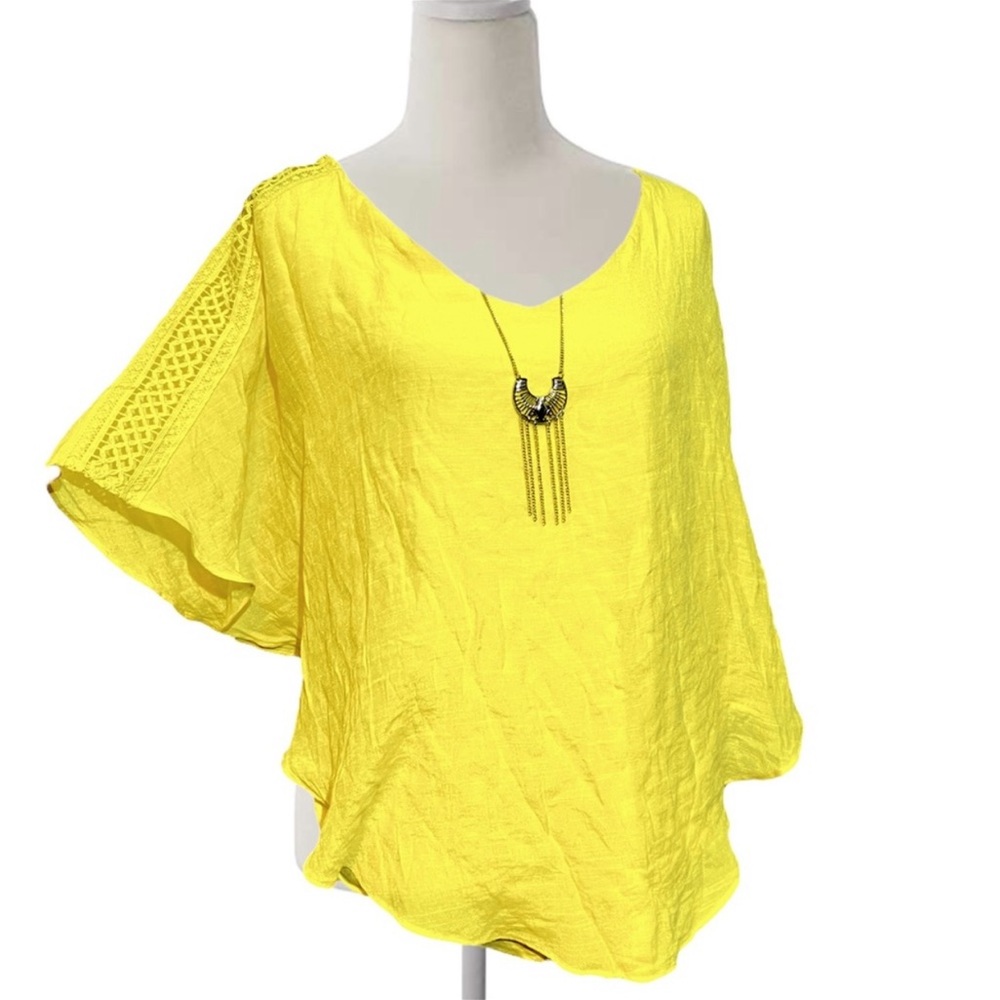 Alyx Yellow Flutter Cape Embroidered Shoulder Scoop Blouse Shirt 2X NEW